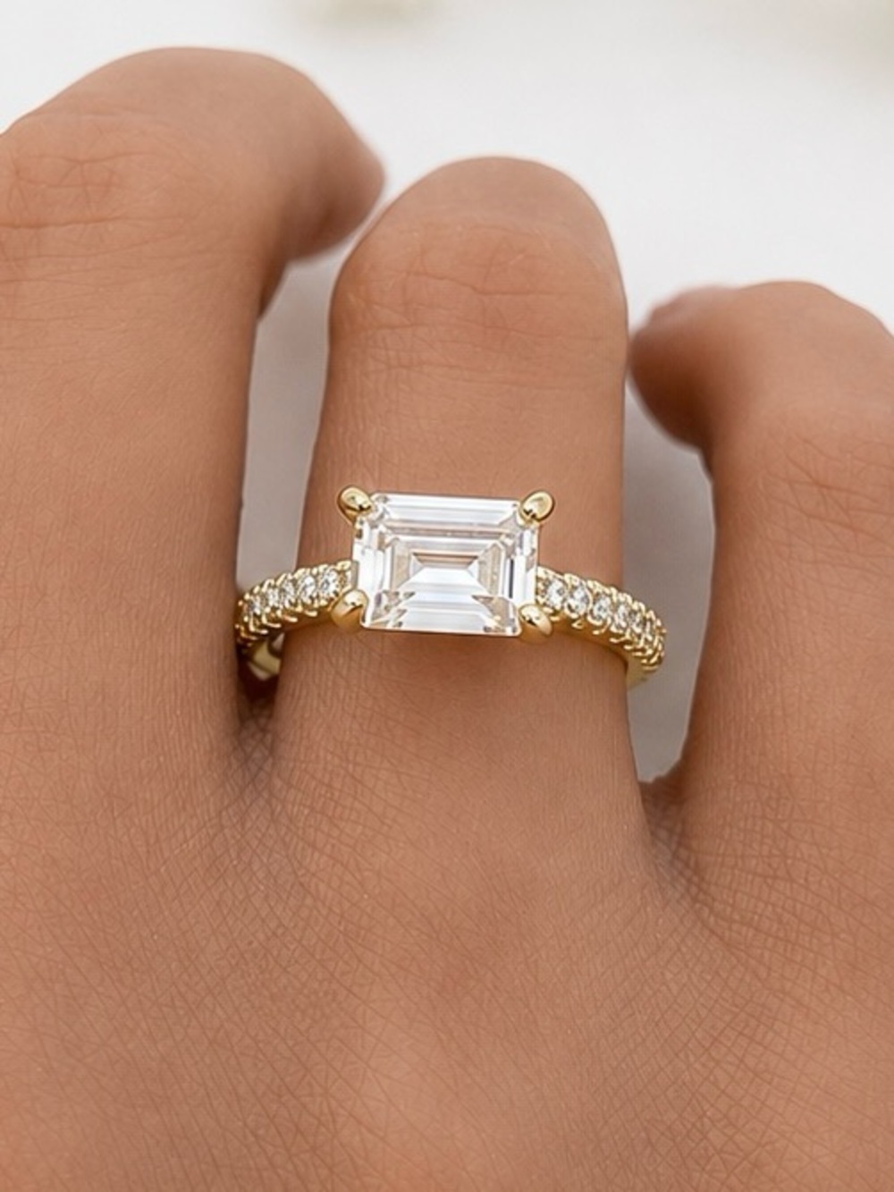 Yellow Gold Emerald Cut CZ Sideways East West Sterling Silver Pave Band Ring